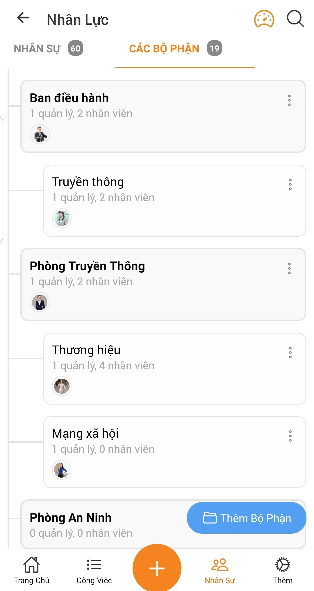 xem danh sach bo phan tren mobile app