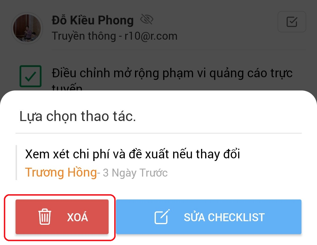 xoa dau viec tren mobile app