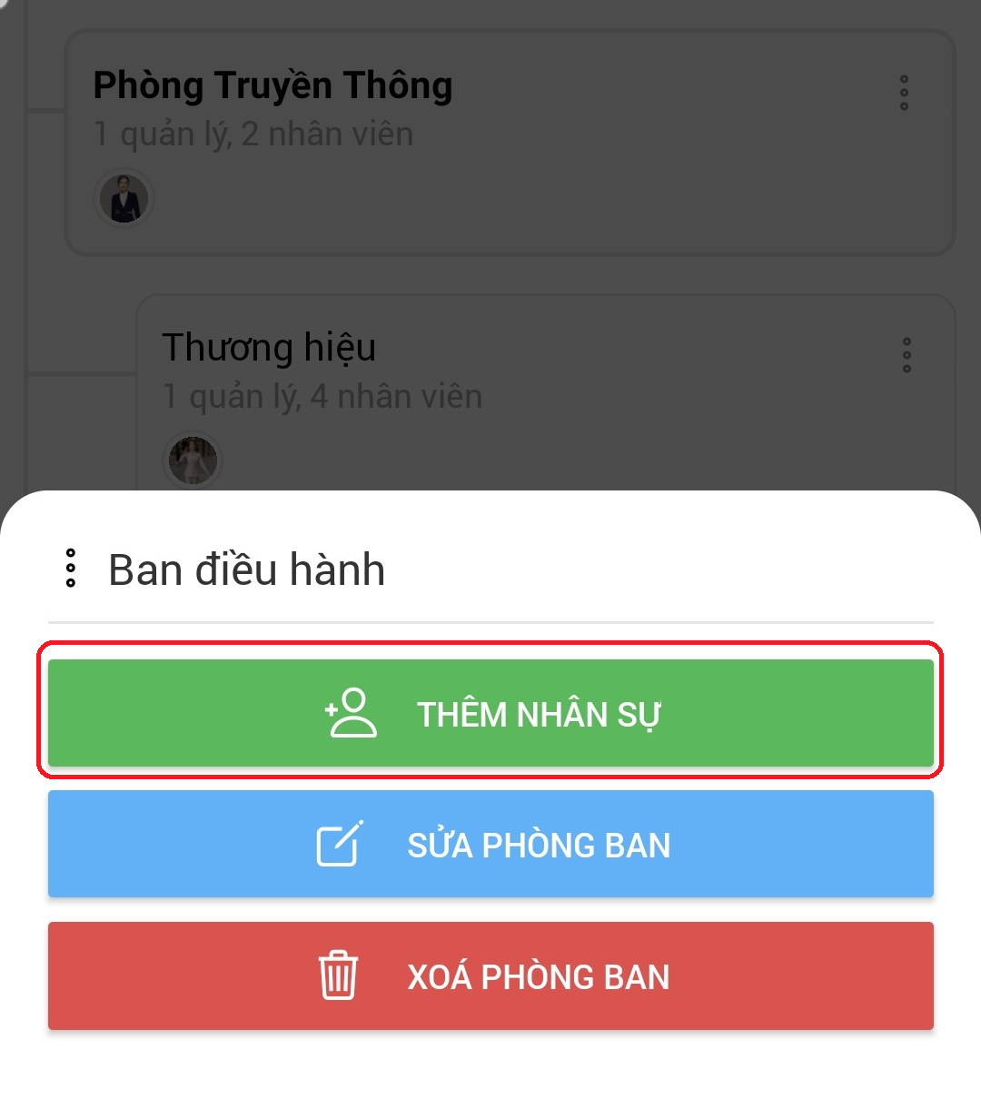 them nhan su vao bo phan tren mobile app