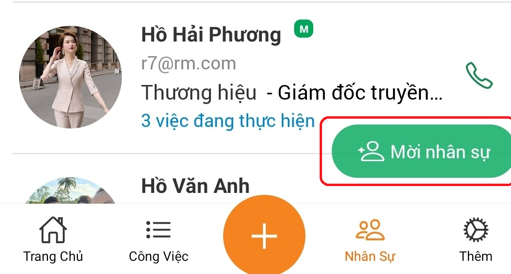 moi nhan su vao to chuc tren mobile app