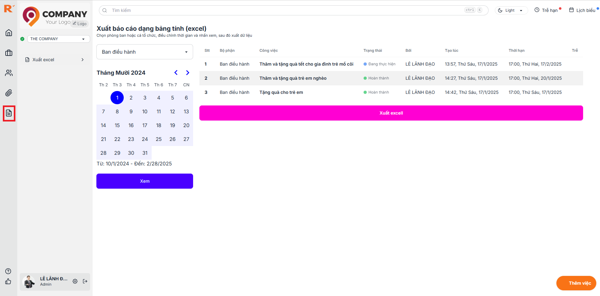 xuat bao cao cong viec dang bang tinh